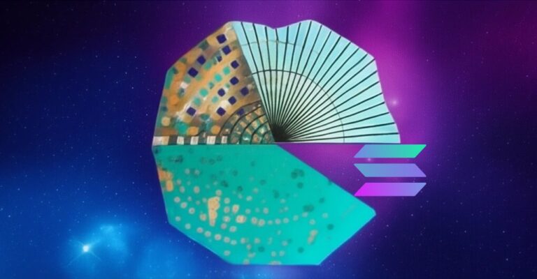 Abstract digital artwork illustrating Solana fundamentals, featuring a multicolored circular chart design with ascending stacked layers and geometric highlights, set against a purple background.