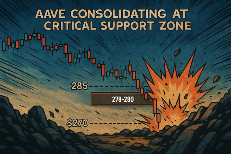AAVE price chart showing consolidation at critical support zone near 270 USDT with multiple DEMA moving averages converging