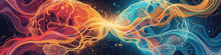 Abstract colorful digital illustration depicting two interconnected brains with swirling lines, symbolizing communication and knowledge exchange.