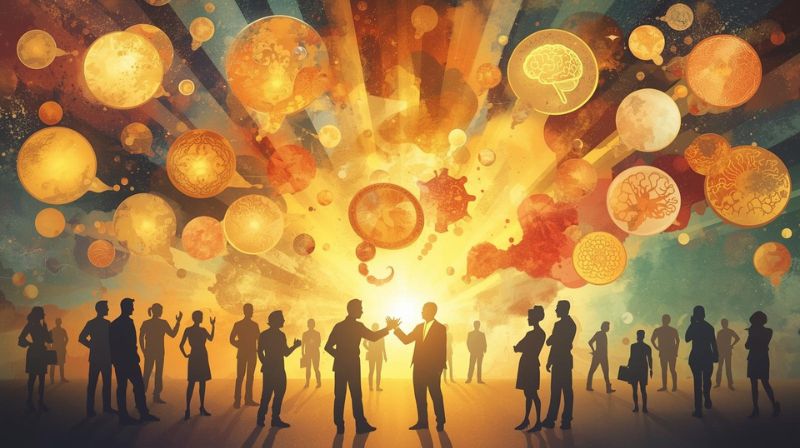 Silhouettes of people standing together under a radiant sky filled with glowing, interconnected orbs, symbolizing collective knowledge sharing.
