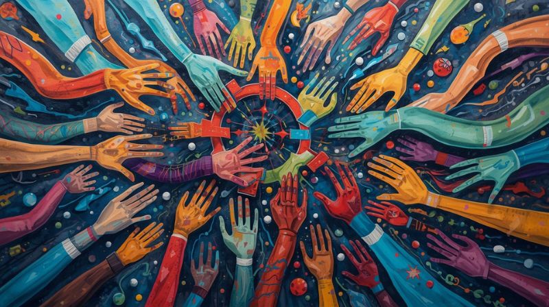 A vibrant illustration of multiple colorful hands radiating outward from a central brain-shaped hub, symbolizing collaborative thinking and idea exchange.