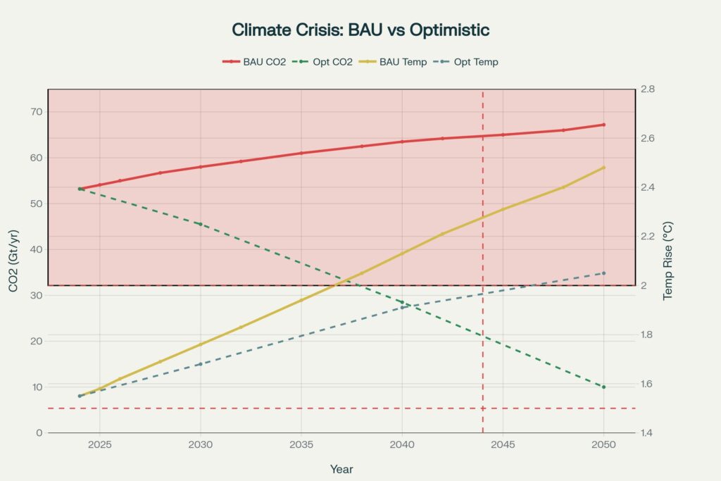 Comparison chart showing climate crisis projections under business-as-usual (BAU) versus optimized (Opt) intervention scenarios, illustrating diverging future outcomes.