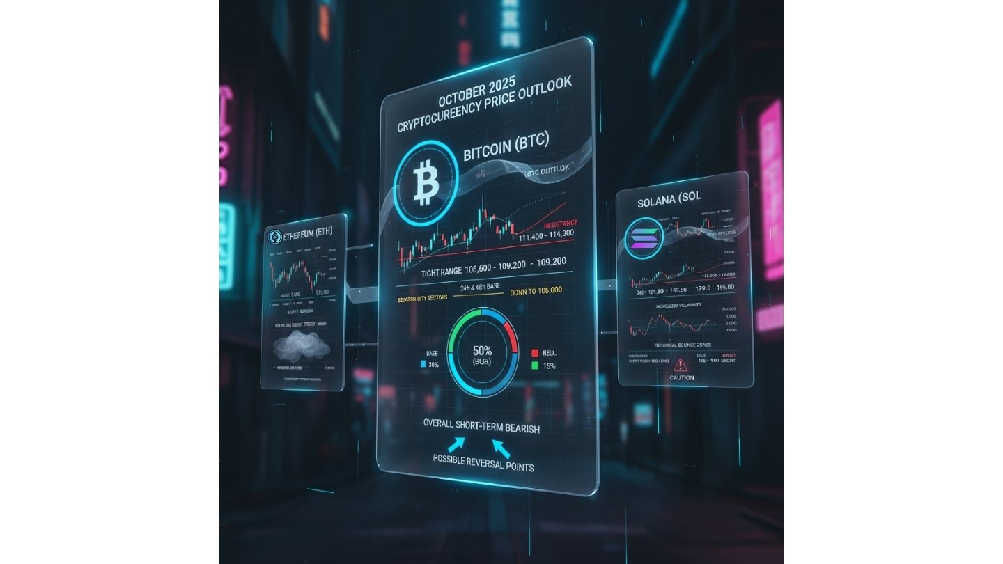 Techno-futuristic cryptocurrency infographic showing Bitcoin price forecast for October 2025, with charts, probability indicators, and digital UI elements.
