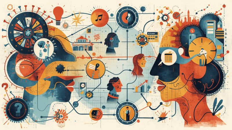 "Brain sharing dyo: Collaboration and teamwork portrayed through connected human minds and mechanical systems." Two human figures surrounded by gears, pipes, and abstract mechanical elements, illustrating the concept of brains working together in a networked, technological environment.