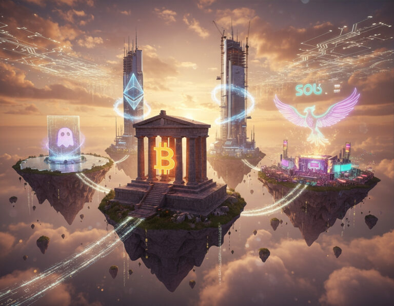 A fantasy skyline of floating islands in the clouds, each featuring iconic symbols: a glowing Bitcoin temple, an Ethereum-lit skyscraper, a Solana stage with a neon phoenix, and a glass platform displaying the AAVE ghost, all connected by luminous pathways.