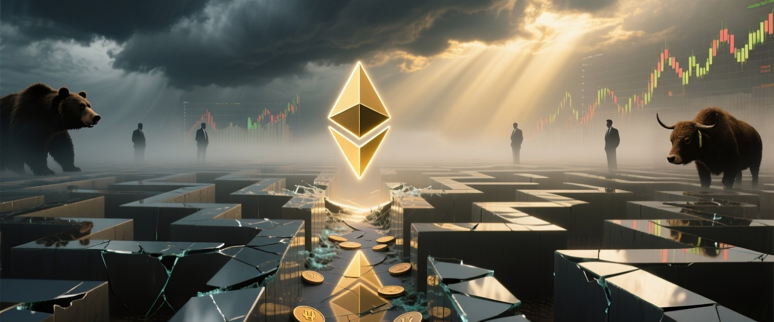 A golden Ethereum symbol hovers at the center of a cracked, metallic maze strewn with coins, illuminated by rays of sunlight piercing dark storm clouds. Surrounded by ominous bears and shadowy figures on the perimeter, financial charts glow faintly in the background, representing market uncertainty.
