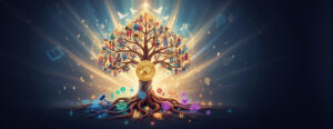 Illustration of a luminous tree of knowledge with diverse people among its branches, surrounded by rays of light and education symbols on a dark background.