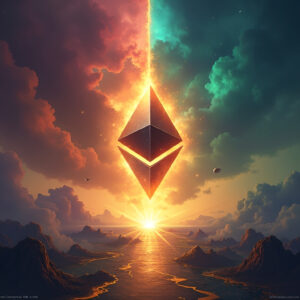 Digital artwork depicting Ethereum at a pivotal moment. The image features dramatic storm clouds on the left symbolizing bearish signals, contrasted by bright sunrise rays and ascending technical indicators on the right for bullish momentum. The Ethereum logo is centered above support and resistance lines, with upward gold streams representing money flow and three colored paths forward for bear, base, and bull scenarios.