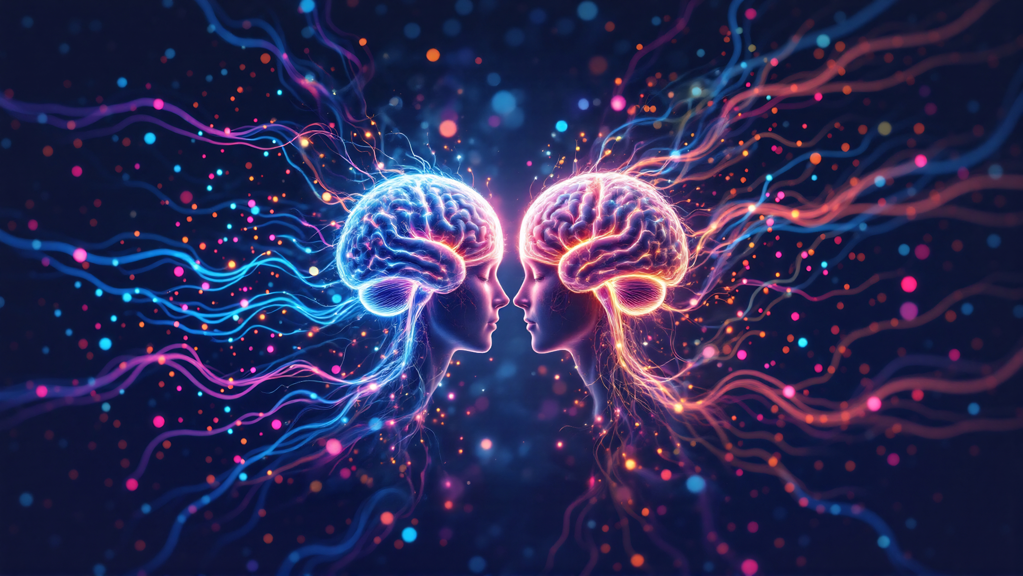 Two human profiles facing each other with glowing, interconnected brains surrounded by vibrant neural energy streams and colorful light particles on a dark background.