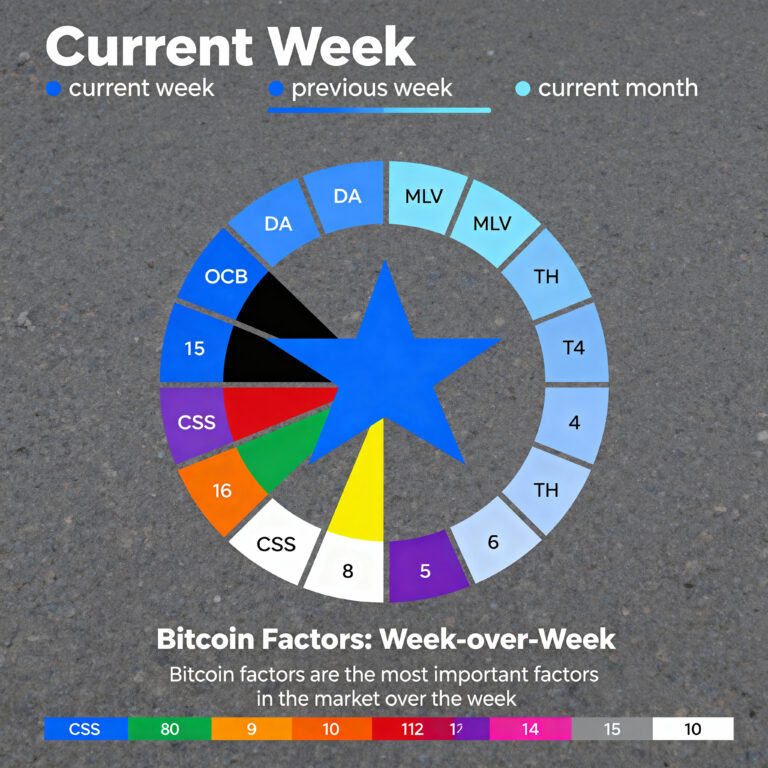 Circular graph showing Bitcoin factors, with colored segments and arrows indicating week-over-week dynamics