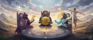 Four symbolic characters—a hooded figure with AAVE shield, an armored knight holding a Bitcoin coin, a builder with Ethereum gears and digital plans, and a radiant dancer for Solana—sit or stand around a round compass table in a vibrant mountain landscape, with their respective crypto logos clearly displayed and speech bubbles hovering overhead.
