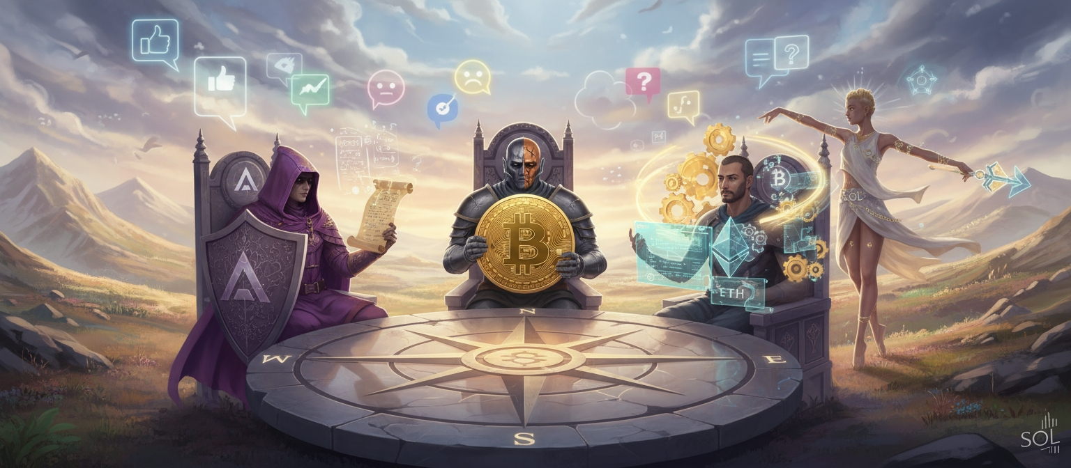 Four symbolic characters—a hooded figure with AAVE shield, an armored knight holding a Bitcoin coin, a builder with Ethereum gears and digital plans, and a radiant dancer for Solana—sit or stand around a round compass table in a vibrant mountain landscape, with their respective crypto logos clearly displayed and speech bubbles hovering overhead.