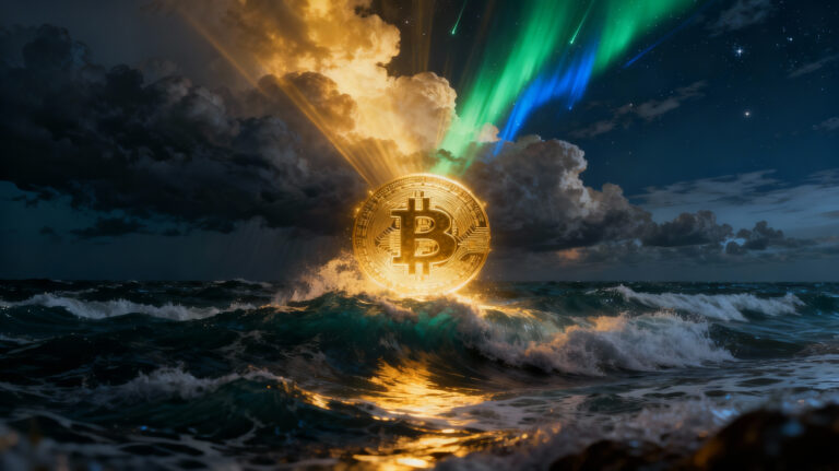 Dramatic digital painting of a turbulent ocean at night, illuminated by a glowing golden Bitcoin symbol emerging above the waves, with green and blue rays symbolizing hope and resilience. No people or animals, epic metaphoric style.