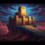 A fortress with a large Bitcoin symbol stands atop a rocky cliff, surrounded by storm clouds, lightning, and ominous reaching hands below.
