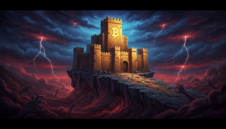 A fortress with a large Bitcoin symbol stands atop a rocky cliff, surrounded by storm clouds, lightning, and ominous reaching hands below.