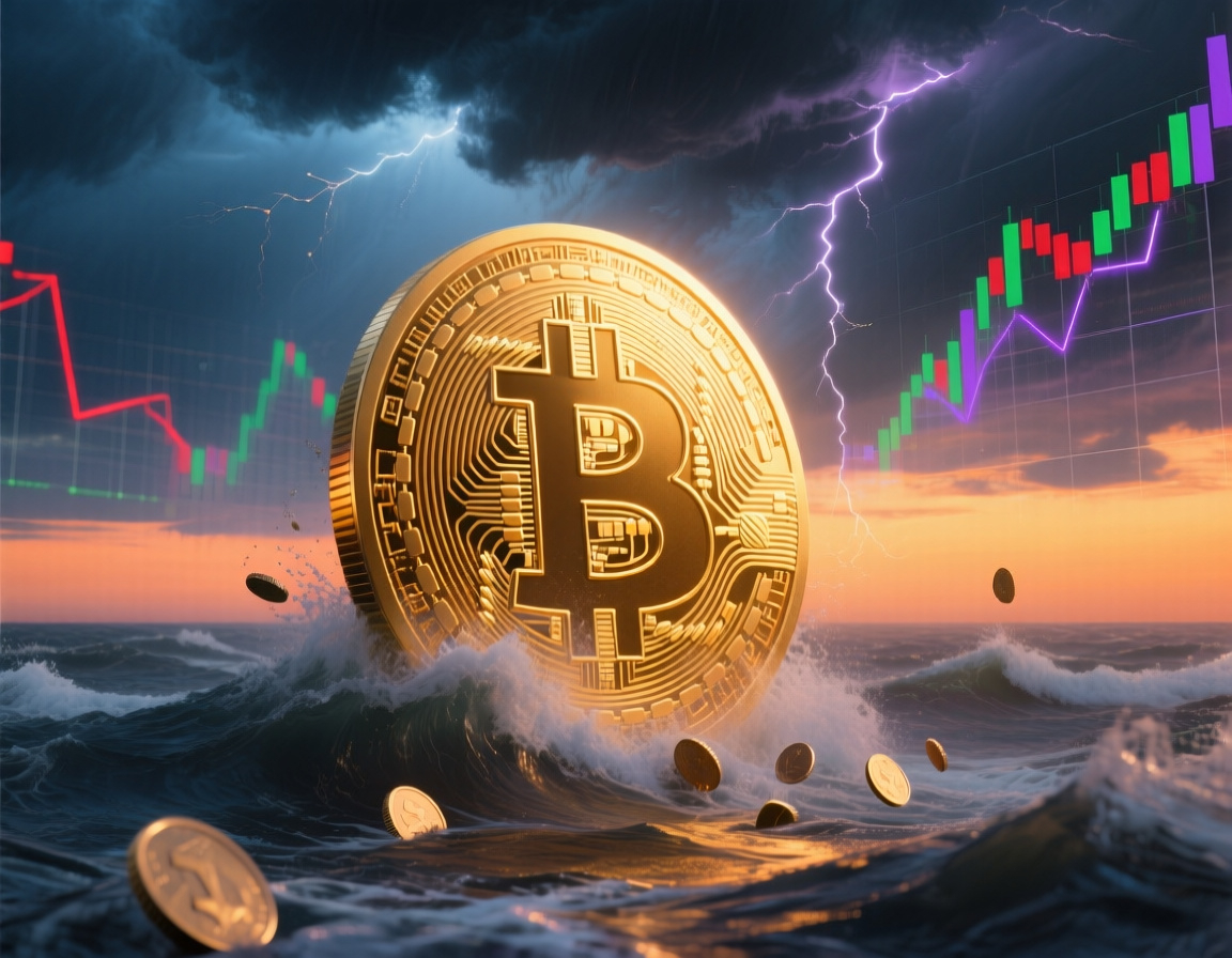 A giant golden Bitcoin emerges from stormy ocean waves during a lightning storm, symbolizing resilience amid market uncertainty, with candlestick charts glowing in the clouds above.