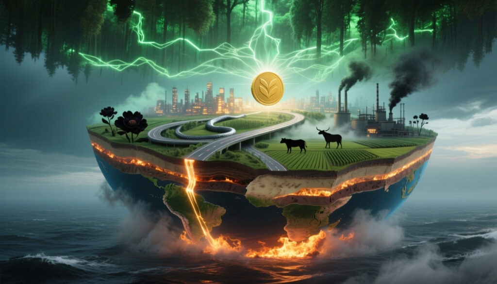 A surreal depiction of a floating slice of Earth showing farmland, highways, cattle, and factories, with molten lava below and a glowing coin above symbolizing sustainability and industry.