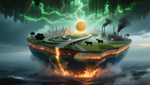 A surreal depiction of a floating slice of Earth showing farmland, highways, cattle, and factories, with molten lava below and a glowing coin above symbolizing sustainability and industry.