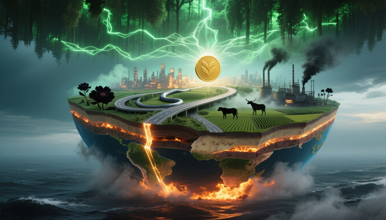 A surreal depiction of a floating slice of Earth showing farmland, highways, cattle, and factories, with molten lava below and a glowing coin above symbolizing sustainability and industry.