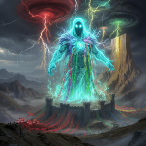 Colossal ethereal AAVE ghost spirit rising from fortress on trading chart battlefield, wrapped in glowing chains, as bear and bull armies clash below at the critical $250 decision level
