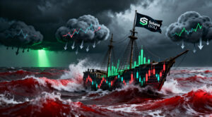 A stormy ocean scene with a Solana (SOL) branded pirate ship, surrounded by dark clouds and downward-trending financial graphs, as red waves crash against the vessel.