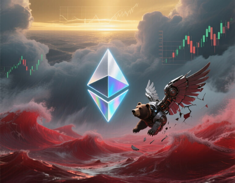 A glowing Ethereum symbol hovers above stormy red waves under a dark sky. A mechanical bear with broken wings struggles to fly upward, symbolizing a bearish crypto market trend and resilience amid chaos