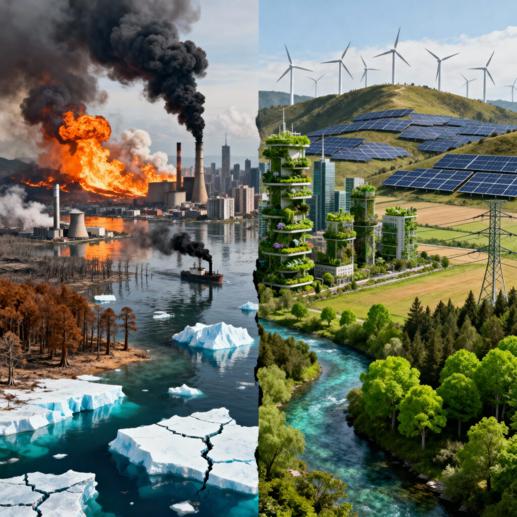 Split-image showing environmental devastation on the left—industrial fires, pollution, melting ice—and sustainable, green energy solutions on the right, symbolizing hope for a cleaner future.