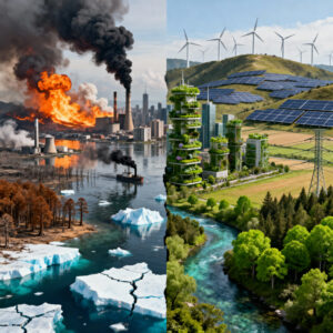 Split-image showing environmental devastation on the left—industrial fires, pollution, melting ice—and sustainable, green energy solutions on the right, symbolizing hope for a cleaner future.