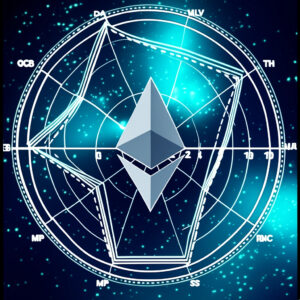 Digital artwork featuring the Ethereum logo, which appears as a crystal shape centered within a geometric design of overlapping circles and star patterns on a blue cosmic, star-filled background.