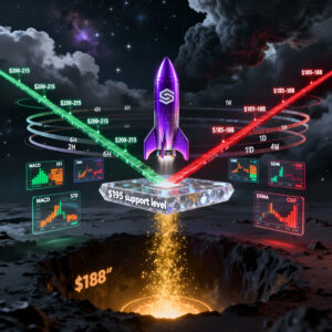 Solana cryptocurrency rocket ship at critical decision point suspended above $195 support level with ascending green path to $200-215 and descending red path to $185-188, surrounded by holographic technical indicator panels showing mixed signals, multiple timeline ribbons spiraling around scene, golden accumulation particles rising from below, dramatic tension between bullish foundation and bearish storm clouds in cyberpunk space environment