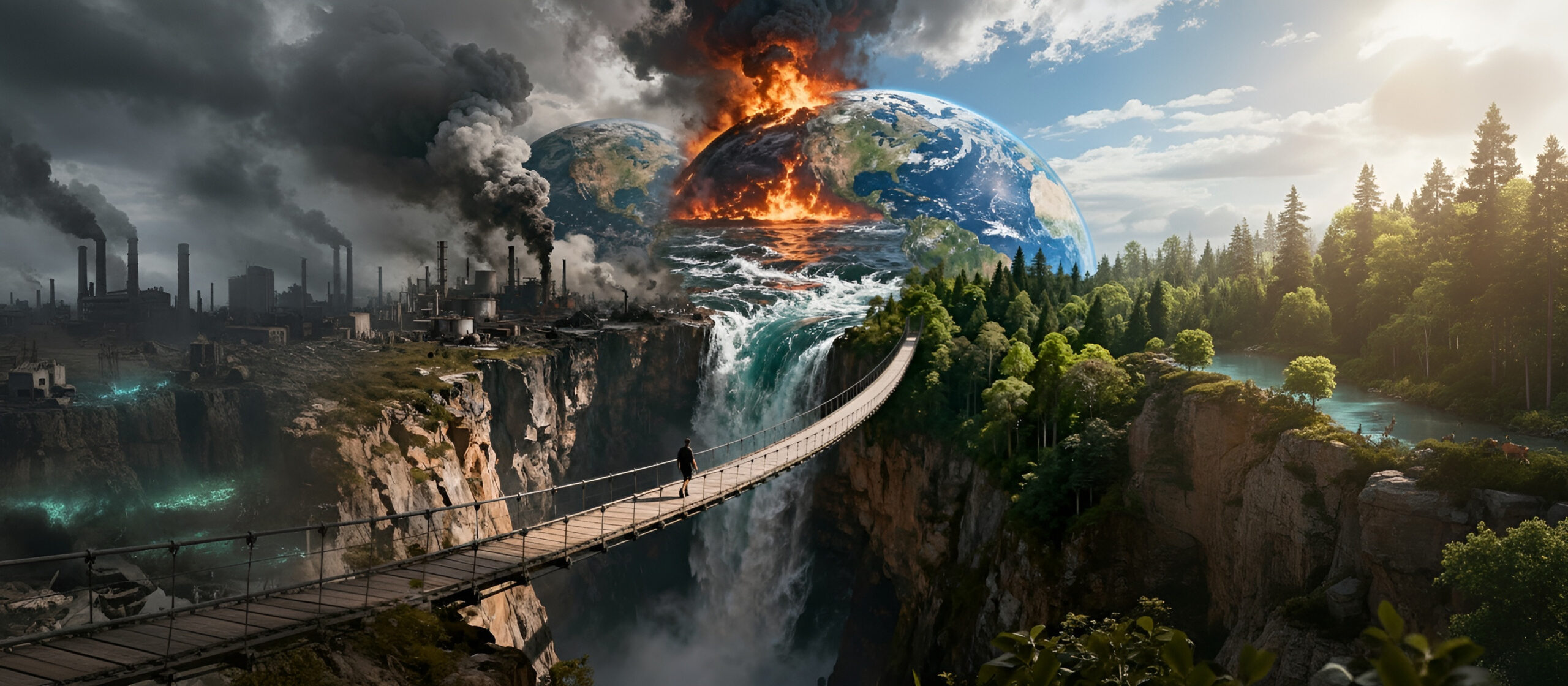 Person crossing suspended bridge over canyon with three Earth backdrops showing environmental journey from current pollution through potential catastrophe to restored paradise