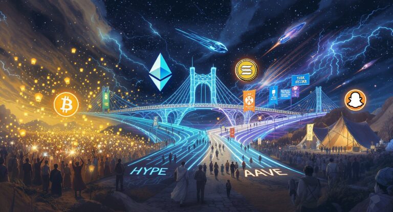 A vibrant digital artwork showing four symbolic crypto communities converging at a glowing crossroads with illuminated pathways. Crowds gather under a stormy, energetic sky, each group marked by large, luminous cryptocurrency symbols—Bitcoin, Ethereum, Solana, and AAVE—while bridges, lanterns, and banners express emotion, excitement, and community spirit.