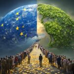 Symbolic illustration of a trade and climate deal between the European Union and Mercosur, showing crowds walking on a golden path between a star-covered Europe and a green, leafy Earth, with shaking hands in the center and regional maps on both sides.
