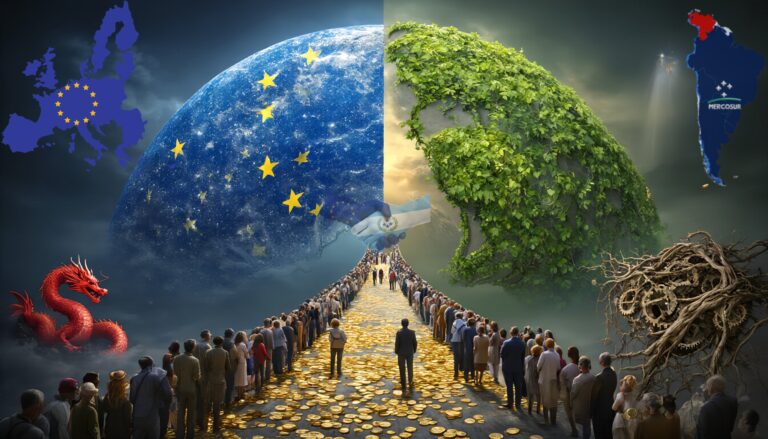 Symbolic illustration of a trade and climate deal between the European Union and Mercosur, showing crowds walking on a golden path between a star-covered Europe and a green, leafy Earth, with shaking hands in the center and regional maps on both sides.