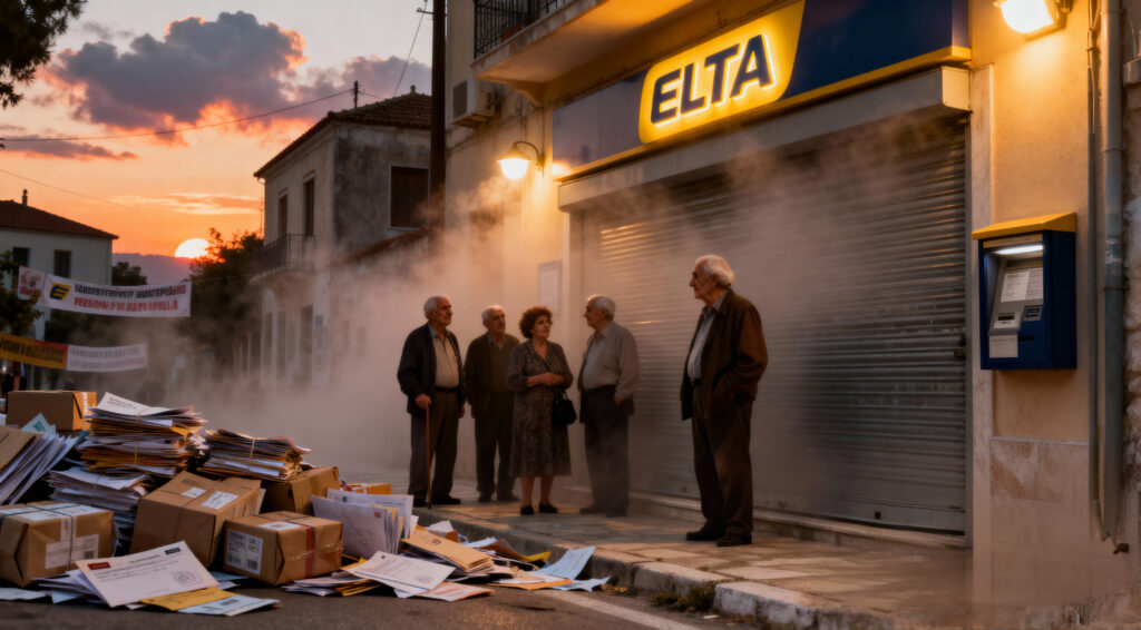 Elderly villagers gathered near a closed Greek post office at sunset, holding pension tokens with the ELTA logo, surrounded by mist and piles of letters.