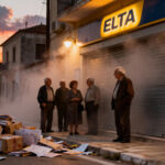 Elderly villagers gathered near a closed Greek post office at sunset, holding pension tokens with the ELTA logo, surrounded by mist and piles of letters.