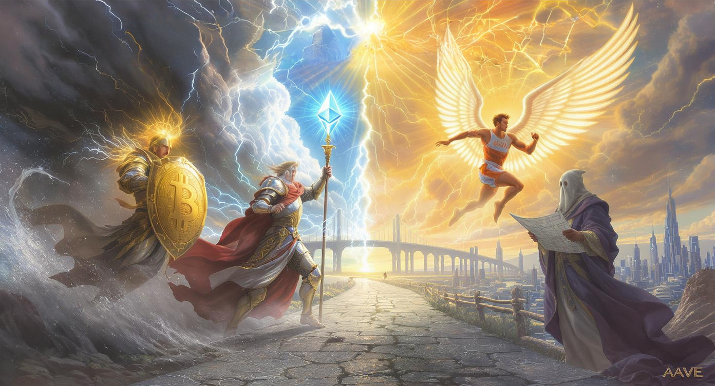 Four iconic figures stand together on a dirt crossroads in a dramatic landscape under a turbulent sky. Each represents a major cryptocurrency: a knight with a Bitcoin shield, a wizard holding an Ethereum staff, a winged sprinter illuminated with Solana stripes, and a cloaked scholar bearing AAVE’s ghost symbol and a map.