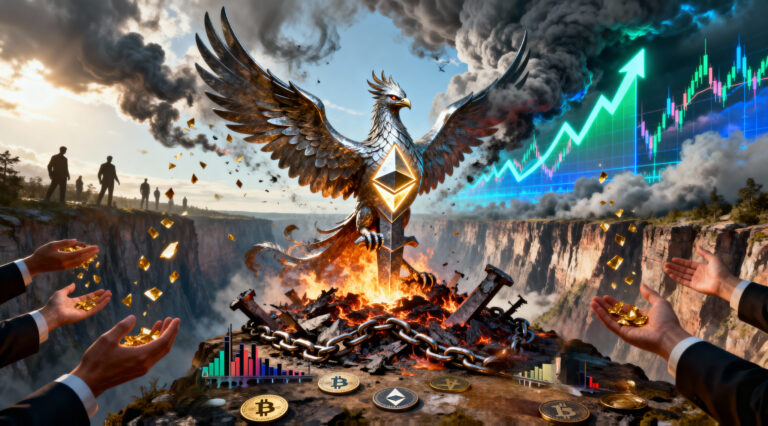 A magnificent phoenix with a glowing Ethereum symbol rises from burning chains, surrounded by falling gold pieces and cryptocurrency icons, while a dramatic stock chart surges upward in the smoky sky.
