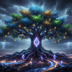 A majestic, illuminated tree stands at the heart of a stormy landscape, with glowing Ethereum logos among its roots and trunk, golden coins hanging from its branches, shimmering rivers below, and a watchful owl perched in the clouds.