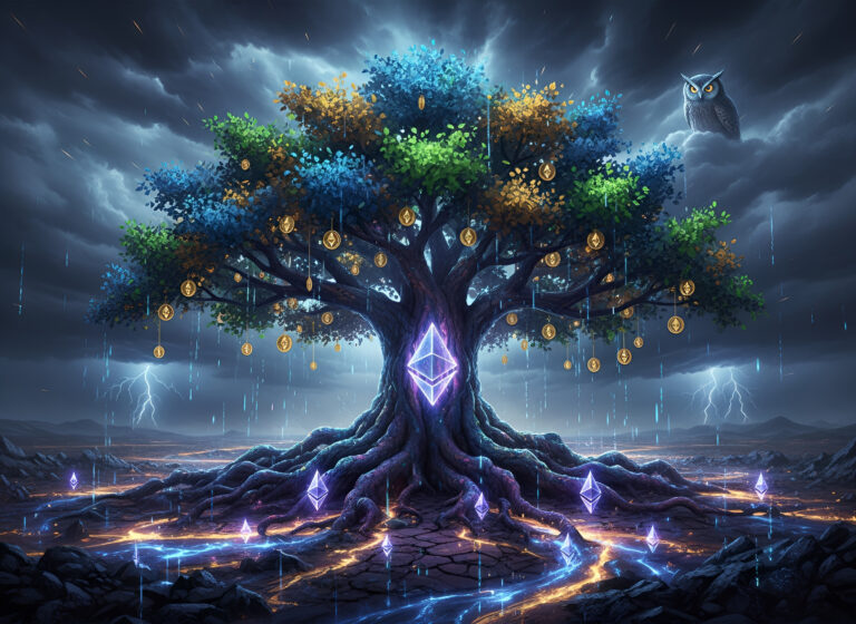 A majestic, illuminated tree stands at the heart of a stormy landscape, with glowing Ethereum logos among its roots and trunk, golden coins hanging from its branches, shimmering rivers below, and a watchful owl perched in the clouds.
