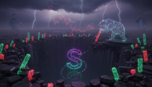 A neon Solana logo plunges into a deep pit surrounded by shattered red and green candlestick bars. A digital bear pushes a candle off the cliff; lightning crackles above, and ghostly traders watch the crash amid a stormy financial landscape.