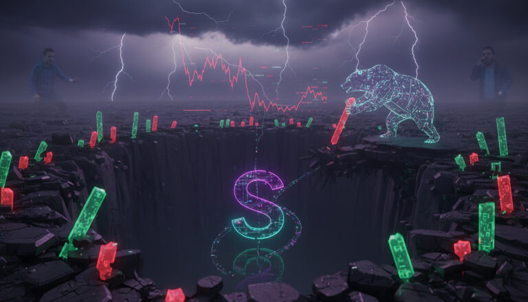 A neon Solana logo plunges into a deep pit surrounded by shattered red and green candlestick bars. A digital bear pushes a candle off the cliff; lightning crackles above, and ghostly traders watch the crash amid a stormy financial landscape.