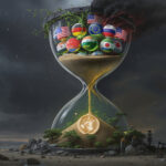 A giant hourglass contains sand and globe-shaped balls with world flags, slowly trickling sand onto a mound with the United Nations emblem, surrounded by trees and oil rigs, under a dark stormy sky.