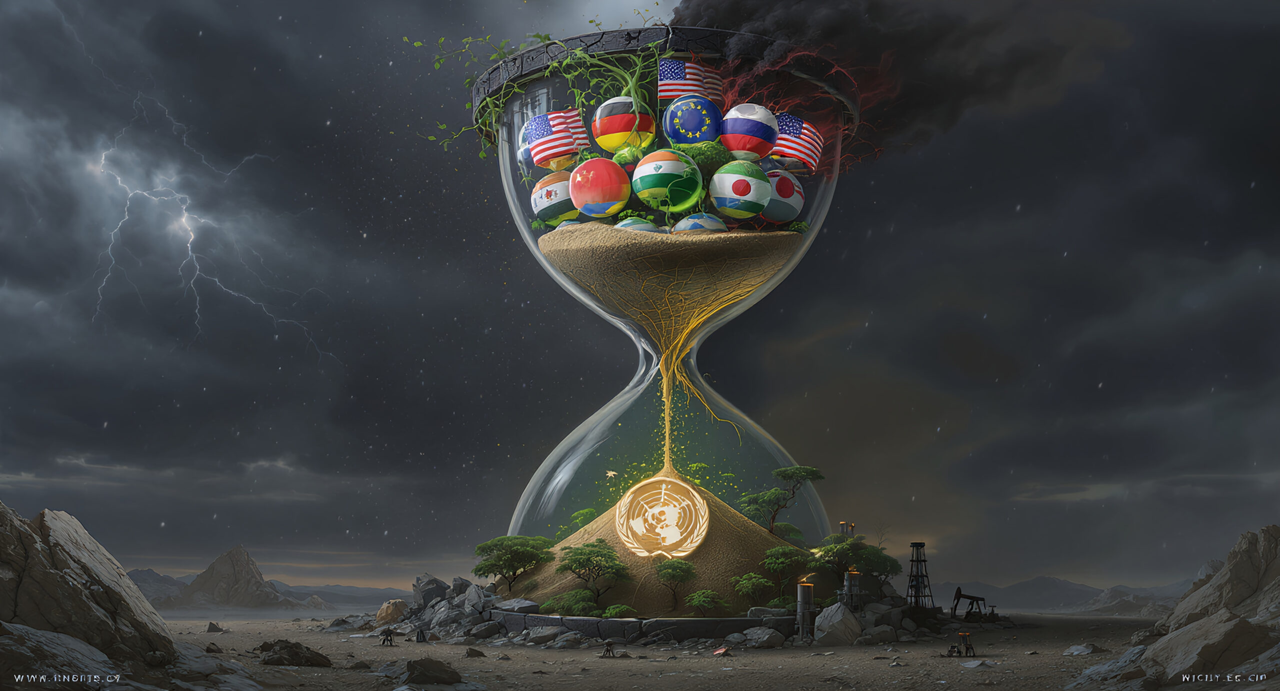 A giant hourglass contains sand and globe-shaped balls with world flags, slowly trickling sand onto a mound with the United Nations emblem, surrounded by trees and oil rigs, under a dark stormy sky.