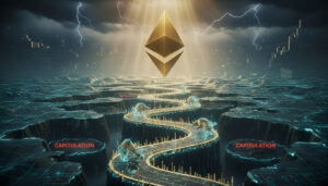 A dramatic digital artwork showing a golden Ethereum logo glowing above a vast canyon floor covered in blue gridlines and price charts. Pathways shaped like trading candles wind through deep chasms labeled 'CAPITULATION', while misty bulls and bears move across the neon-lit landscape. Lightning forks overhead, and rays shine down from above, creating a scene of tumultuous market struggle and resilient hope.