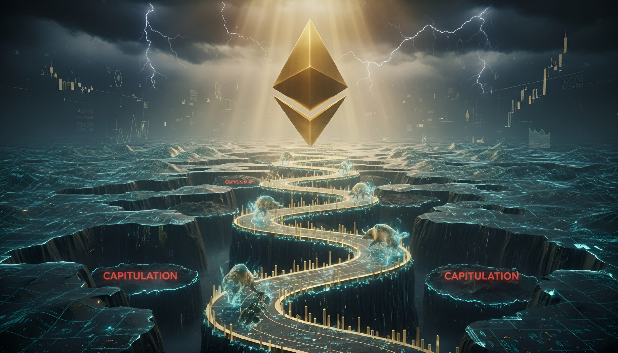 A dramatic digital artwork showing a golden Ethereum logo glowing above a vast canyon floor covered in blue gridlines and price charts. Pathways shaped like trading candles wind through deep chasms labeled 'CAPITULATION', while misty bulls and bears move across the neon-lit landscape. Lightning forks overhead, and rays shine down from above, creating a scene of tumultuous market struggle and resilient hope.