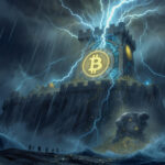 A stormy night reveals a towering stone fortress emblazoned with the glowing Bitcoin symbol, struck by lightning as rain pours and a giant figure gathers coins below, while a whale surfaces nearby and shadowy crowds flee, all under a single beam of light breaking through clouds.
