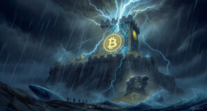 A stormy night reveals a towering stone fortress emblazoned with the glowing Bitcoin symbol, struck by lightning as rain pours and a giant figure gathers coins below, while a whale surfaces nearby and shadowy crowds flee, all under a single beam of light breaking through clouds.