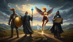 Four iconic figures stand together on a dirt crossroads in a dramatic landscape under a turbulent sky. Each represents a major cryptocurrency: a knight with a Bitcoin shield, a wizard holding an Ethereum staff, a winged sprinter illuminated with Solana stripes, and a cloaked scholar bearing AAVE’s ghost symbol and a map