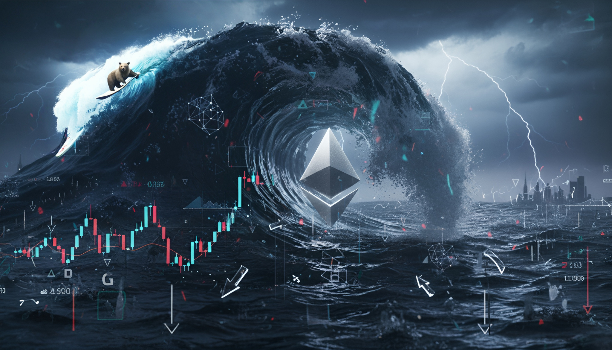 A menacing tsunami wave looms over the ocean under a stormy sky, with a bear riding the crest and the Ethereum logo engulfed at the wave’s center, surrounded by collapsing price charts and digital trading symbols.